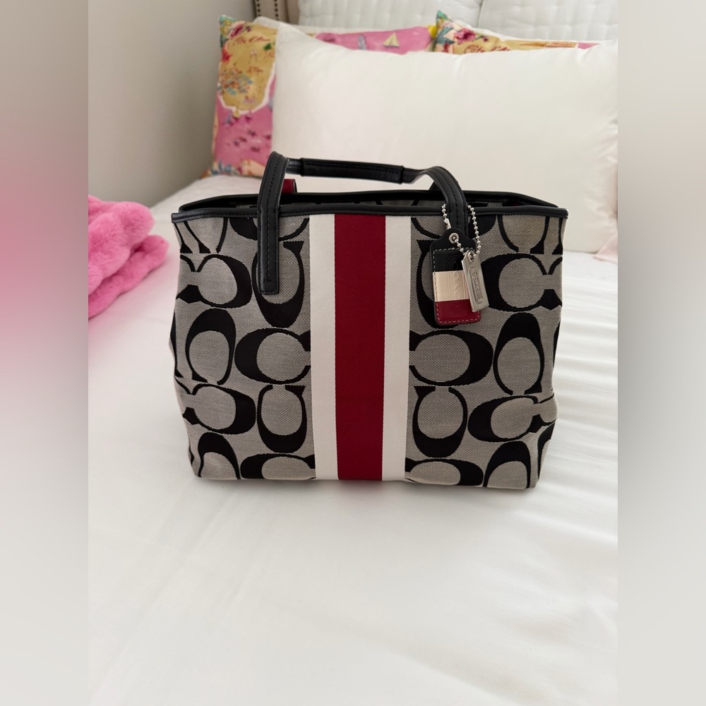 Coach Black & Ivory Signature Tote with Red Center Stripe